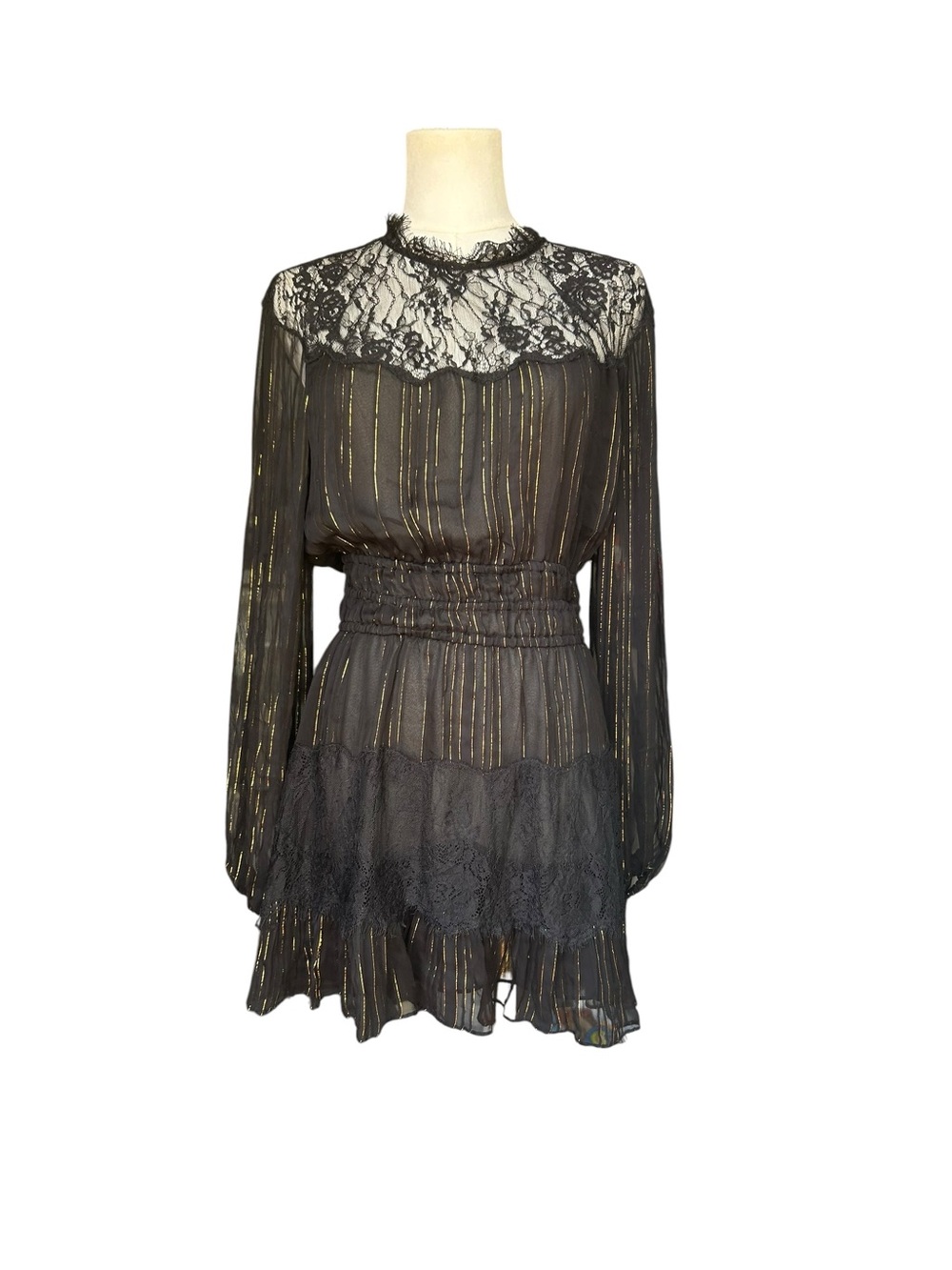 LoveShackFancy Women Black Coventry Long Sleeve Sheer FIt & Flare Dress Size M